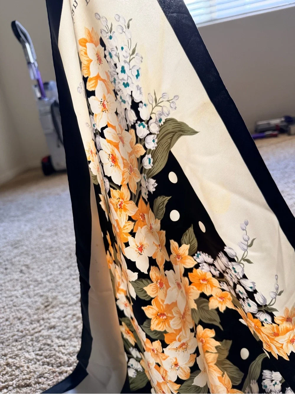 Christian Dior Black Polka Dot Floral Silk Scarf